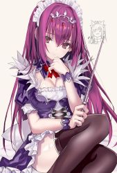 Rule 34 | 2girls, alternate costume, breasts, cleavage, enmaided, fate/grand order, fate (series), feather trim, frills, fur trim, hair between eyes, highres, large breasts, long hair, maid, maid headdress, medb (fate), multiple girls, puffy short sleeves, puffy sleeves, purple hair, red eyes, scathach (fate), scathach skadi (fate), shino (eefy), short sleeves, simple background, thighhighs, thumbs up, tiara, uwu, wrist cuffs
