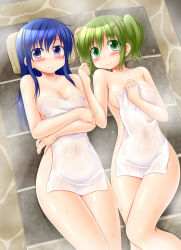 Rule 34 | 2girls, bare arms, bare legs, bare shoulders, blue eyes, blue hair, breasts, cleavage, closed eyes, closed mouth, collarbone, covered erect nipples, covered navel, covering privates, crossed arms, eyebrows, from above, frown, green eyes, green hair, hair ornament, hairclip, hidamari sketch, highres, large breasts, long hair, looking at viewer, lying, mami (hidamari sketch), multiple girls, nakayama (hidamari sketch), naked towel, nude cover, on back, see-through, shiny skin, short hair, side ponytail, sidelocks, smile, sweat, thighs, towel, utomo