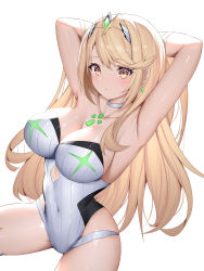 Rule 34 | 1girl, absurdres, armpits, arms behind head, arms up, blonde hair, blush, breasts, brown eyes, casual one-piece swimsuit, chest jewel, choker, cleavage, collarbone, covered navel, earrings, highres, jewelry, large breasts, long hair, looking at viewer, mythra (radiant beach) (xenoblade), mythra (xenoblade), one-piece swimsuit, parted lips, roi (liu tian), simple background, sitting, solo, strapless, strapless one-piece swimsuit, swept bangs, swimsuit, tiara, very long hair, white background, white choker, white one-piece swimsuit, xenoblade chronicles (series), xenoblade chronicles 2