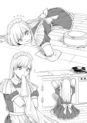 Rule 34 | 1girl, amputee, bow, counter, dorozumi, frying pan, greyscale, highres, long hair, maid, maid headdress, monochrome, on floor, open mouth, original, quadruple amputee, robotic vacuum cleaner, shirt, sink, solo, stove, struggling, sweatdrop, towel, waist bow, wiping