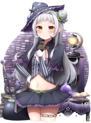 Rule 34 | 1girl, absurdres, black hairband, black headwear, black skirt, blush, book, book stack, bow, bowtie, brick wall, brown eyes, brown gloves, capelet, cauldron, closed mouth, cowboy shot, cropped legs, frilled skirt, frills, gloves, grey hair, hair bun, hairband, hand on own hip, hand up, hat, highres, holding, holding book, hololive, long hair, long sleeves, looking at viewer, midriff, miniskirt, murasaki shion, murasaki shion (1st costume), navel, open book, pepushi drow, pink bow, pink bowtie, shiokko (murasaki shion), shirt, single hair bun, skirt, solo, striped clothes, striped shirt, thigh strap, tilted headwear, vertical-striped clothes, vertical-striped shirt, virtual youtuber, white background, witch hat