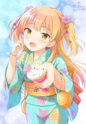 Rule 34 | 1girl, :d, bag, blonde hair, blue kimono, blush, brown eyes, commentary request, dated, fang, food, heart, holding, holding food, idolmaster, idolmaster cinderella girls, idolmaster cinderella girls starlight stage, japanese clothes, jougasaki rika, kaiware-san, kimono, long hair, long sleeves, looking at viewer, obi, open mouth, print kimono, sash, seashell print, signature, smile, solo, starfish print, two side up, very long hair, water yoyo, wide sleeves
