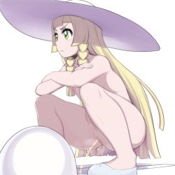 Rule 34 | 1girl, blonde hair, breasts, censored, closed mouth, creatures (company), crossed arms, female focus, game freak, hat, highres, lillie (pokemon), long hair, mosaic censoring, nintendo, nipples, nude, peeing, pokemon, pussy, simple background, small breasts, solo, squat toilet, squatting, sun hat, toilet use, very long hair, white background, yellow eyes, yuguraniru