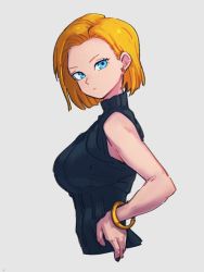 Rule 34 | 1girl, android 18, blonde hair, blue eyes, dragon ball, dragonball z, earrings, jewelry, kemachiku, looking at viewer, short hair, solo, upper body
