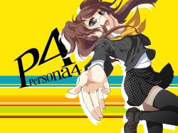 Rule 34 | 1girl, atlus, bad id, bad pixiv id, black thighhighs, copyright name, earrings, foreshortening, glasses, grey eyes, hand on own cheek, hand on own face, hiiro (kikokico), houndstooth, jewelry, kujikawa rise, loafers, long sleeves, open mouth, persona, persona 4, pink-framed eyewear, red hair, school uniform, shoes, skirt, solo, striped, striped background, text focus, thighhighs, turtleneck, twintails, yellow background, zettai ryouiki