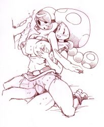 Rule 34 | 1futa, 1girl, belt, blush, breasts, breasts out, cum, ejaculation, futa with female, futanari, garter straps, gender request, genderswap, grabbing, grabbing another&#039;s breast, handjob, highres, large breasts, mario (series), mask, monochrome, multiple girls, mushroom, nintendo, penis, personification, pussy, sex, shy gal, shy guy, simple background, spread legs, super mario bros. 1, sweat, thighhighs, thighs, toad (mario), toadette, twistedterra, uncensored, vaginal, white background