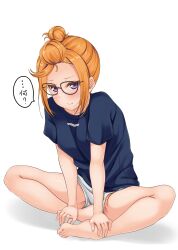 Rule 34 | 1girl, arm support, bangs pinned back, bare legs, barefoot, blue shirt, blush, closed mouth, double bun, forehead, full body, furrowed brow, glasses, hair bun, highres, hino minato (spec.c), indian style, looking at viewer, love live!, love live! superstar!!, nervous, on floor, orange hair, purple eyes, shibuya kanon, shirt, short hair, short shorts, shorts, sidelocks, sideways glance, simple background, sitting, solo, speech bubble, t-shirt, translated, white background, white shorts