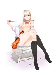 Rule 34 | 1girl, bad id, bad pixiv id, breasts, highres, instrument, legs, crossed legs, long legs, medium breasts, naked shirt, nipples, no bra, ooji, open clothes, open shirt, original, pussy, shirt, sitting, solo, thighs, treble clef, uncensored, violin