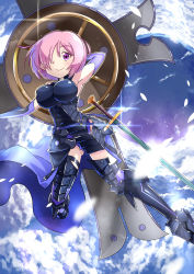 Rule 34 | 1girl, arm behind back, armor, armored boots, armpits, bare shoulders, belt, belt skirt, black footwear, black gloves, black leotard, blue sky, blurry, blush, boots, breasts, closed mouth, cloud, cloudy sky, day, depth of field, elbow gloves, fallstreak hole, fate/grand order, fate (series), gloves, hair between eyes, hair over one eye, holding, holding shield, knee boots, large breasts, lasy, leotard, light particles, looking at viewer, mash kyrielight, outline, petals, pink hair, purple eyes, purple thighhighs, sheath, sheathed, shield, shiny clothes, short hair, sky, smile, solo, sparkle, sword, thigh strap, thighhighs, weapon