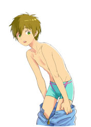 Rule 34 | 10s, 1boy, artist request, blonde hair, blue jammers, blue male swimwear, cowboy shot, free!, from side, green eyes, high speed!, jammers, looking at viewer, male focus, male swimwear, open mouth, simple background, solo, swimsuit, tachibana makoto, tagme, teeth, undressing, upper teeth only, white background, zipper, zipper pull tab