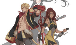 Rule 34 | 1boy, 2girls, abs, aged up, alternate costume, alternate hair length, alternate hairstyle, alternate universe, arm up, blake belladonna, blonde hair, blue eyes, bodysuit, breasts, brown hair, closed mouth, determined, dishwasher1910, earrings, facing viewer, faunus (rwby), fingerless gloves, floating hair, gloves, grin, hand up, happy, height difference, high ponytail, holding, holding weapon, holding whip, ilia amitola, jacket, jewelry, manly, monkey tail, multiple girls, muscular, navel, necklace, open clothes, open jacket, open shirt, pants, parted lips, pauldrons, pectorals, ponytail, rwby, scar, scar on face, serious, shirt, short hair, shoulder armor, single pauldron, sleeveless, small breasts, smile, spots, staff, standing, sun wukong (rwby), sword, tail, teeth, weapon