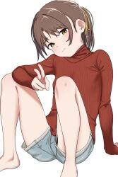 Rule 34 | 1girl, arm support, bare legs, barefoot, bouen, brown hair, coat, commentary request, denim, denim shorts, green coat, hair ribbon, highres, knees up, original, ponytail, red sweater, ribbed sweater, ribbon, shorts, sitting, solo, sweater, v, white background, yellow eyes, yellow ribbon