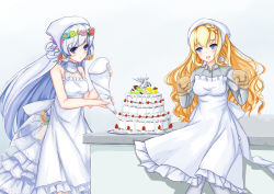 Rule 34 | 2girls, absurdres, apron, bare arms, bare shoulders, birthday cake, blonde hair, blue eyes, blue hair, braid, brown gloves, cake, choker, clenched hands, cream, crown braid, dress, flower, food, frilled dress, frills, gathers, glorious (warship girls r), gloves, gradient background, grey shirt, hair flower, hair ornament, highres, holding, hood, mittens, multiple girls, open mouth, pantyhose, shirt, smile, squeezing, standing, staring, table, two-handed, unicorn (warship girls r), warship girls r, wavy hair, white choker, white dress, wreath, xinghuajian