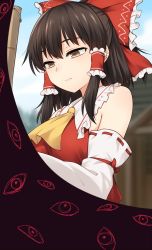 Rule 34 | 1girl, ascot, bare shoulders, black hair, blurry, blurry background, bow, brown eyes, commentary, detached sleeves, expressionless, frilled bow, frilled shirt collar, frills, gap (touhou), hair between eyes, hair bow, hair tubes, hakurei reimu, highres, large bow, looking away, miyo (ranthath), nontraditional miko, red bow, ribbon-trimmed sleeves, ribbon trim, short hair, solo, touhou, yellow ascot