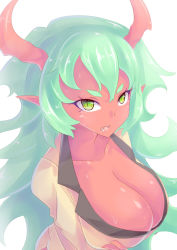 Rule 34 | 10s, 1girl, breasts, cleavage, colored skin, demon girl, dunceneygak, fang, green eyes, green hair, horns, large breasts, long hair, looking at viewer, matching hair/eyes, monster girl, open mouth, panty &amp; stocking with garterbelt, pointy ears, red skin, scanty (psg), solo, sweat, tears, upper body, very long hair, white background
