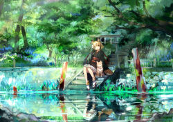 Rule 34 | 1girl, animal ears, bad id, bad pixiv id, blonde hair, chinese zodiac, dog, dog ears, hair ornament, hair tubes, highres, japanese clothes, kimono, obi, open mouth, original, pond, reflection, river, sash, shide, sitting, solo, stairs, stream, tabi, tree, ume (plumblossom), water, yellow eyes