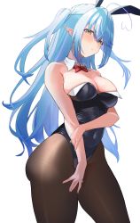 Rule 34 | 1girl, :t, ahoge, alternate costume, bare arms, bare shoulders, black leotard, blue hair, blush, bow, bowtie, breasts, brown pantyhose, cleavage, contrapposto, covered navel, covering privates, covering crotch, detached collar, embarrassed, heart, heart ahoge, highres, holding own arm, hololive, large breasts, leotard, leotard pull, long hair, pantyhose, playboy bunny, pointy ears, pout, rabbit tail, red bow, red bowtie, shinroji, side ponytail, sidelocks, simple background, skindentation, solo, tail, v-shaped eyebrows, virtual youtuber, wavy hair, white background, yellow eyes, yukihana lamy