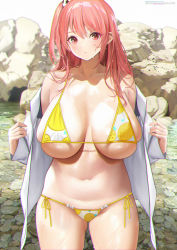 Rule 34 | 1girl, 504 gateway, absurdres, bikini, blush, breasts, chromatic aberration, cleavage, dead or alive, hair bobbles, hair ornament, highres, honoka (doa), huge breasts, large breasts, long hair, looking at viewer, navel, red eyes, red hair, shirt, side-tie bikini bottom, side ponytail, skindentation, solo, swimsuit, thighs, water, wet, white shirt, yellow bikini