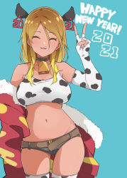 Rule 34 | 1girl, 2021, :3, animal collar, animal ears, animal print, bell, belt, black collar, black shorts, blonde hair, blue background, breasts, brown belt, character request, chinese zodiac, closed eyes, coat, collar, commentary, cow ears, cow print, cowboy shot, crop top, elbow gloves, english text, facing viewer, fang, fingerless gloves, gloves, happy new year, haseneko, highres, idolmaster, idolmaster shiny colors, izumi mei, large breasts, long hair, long sleeves, looking at viewer, micro shorts, navel, neck bell, new year, off shoulder, open mouth, original, print gloves, print shirt, print thighhighs, red coat, shirt, shorts, simple background, skindentation, smile, solo, standing, thighhighs, v, white shirt, white thighhighs, year of the ox