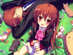 Rule 34 | 1boy, 1girl, bow, brother and sister, brown hair, cat, doruji, kotsu, lennon, little busters!, long hair, natsume kyousuke, natsume rin, pink bow, ponytail, red eyes, school uniform, short hair, siblings, too many, too many cats