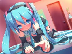 Rule 34 | 1girl, all fours, blue eyes, blue hair, blush, boots, detached sleeves, door, dutch angle, hatsune miku, headset, kotsu, long hair, matching hair/eyes, necktie, skirt, solo, spring onion, tattoo, thigh boots, thighhighs, twintails, vocaloid