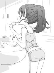 Rule 34 | 1girl, bathroom, brushing teeth, commentary request, cup, from behind, fukuyama mai, greyscale, holding, holding cup, idolmaster, idolmaster cinderella girls, indoors, long hair, looking ahead, monochrome, nishino hikoji, open mouth, ponytail, shorts, sidelocks, simple background, sink, solo, tank top