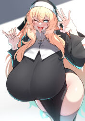 Rule 34 | 1girl, absurdres, blonde hair, blue eyes, breasts, cross, cross necklace, fellatio gesture, gigantic breasts, hair between eyes, highres, jewelry, konoshige (ryuun), long hair, long sleeves, looking at viewer, mole, mole under eye, necklace, nun, nun (konoshige), one eye closed, open mouth, original, sister-san (konoshige), smile, solo, tongue, tongue out, very long hair, white background