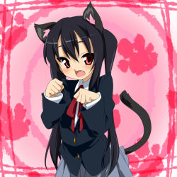 Rule 34 | 1girl, animal ears, black hair, cat ears, cat girl, cat tail, fang, female focus, flat chest, k-on!, long hair, nakano azusa, paw pose, red eyes, school uniform, solo, tail, takeya yuuki, twintails