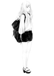 Rule 34 | 1girl, arms at sides, backpack, bag, black shorts, from side, full body, greyscale, high heels, highres, long hair, monochrome, original, shorts, simple background, solo, sousou (sousouworks), standing, white background