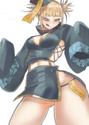 Rule 34 | 1girl, absurdres, alternate costume, bags under eyes, blonde hair, blunt bangs, boku no hero academia, breasts, china dress, chinese clothes, cleavage, cleavage cutout, closed mouth, clothing cutout, double bun, dress, ghost pose, gluteal fold, hair bun, hair up, halloween costume, hat, highres, jiangshi, jiangshi costume, looking at viewer, medium breasts, messy hair, narrowed eyes, ofuda, pelvic curtain, qingdai guanmao, side slit, sidelocks, simple background, skindentation, sleeves past fingers, sleeves past wrists, slit pupils, smile, solo, talisman, toga himiko, tongue, tongue out, white background, yellow eyes, zd (pixiv6210083)