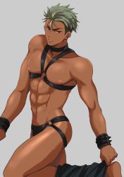Rule 34 | 1boy, barefoot, dark-skinned male, dark skin, earrings, green hair, grey background, highres, jewelry, king of prism, king of prism by prettyrhythm, leg warmers, male focus, nipples, o-ring, o-ring top, parted lips, pectorals, pretty rhythm, pretty series, simple background, solo, toned, toned male, toroi (run01211), undercut, yamato alexander