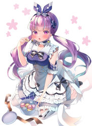 Rule 34 | 1girl, absurdres, black bow, black bowtie, blue dress, blue hair, blush, bow, bow hairband, bowtie, breasts, choker, commentary request, detached sleeves, dress, drill hair, earrings, eating, food, frilled choker, frilled dress, frilled sleeves, frills, full body, hairband, heart, heart earrings, highres, holding, holding food, hololive, jewelry, long hair, looking at viewer, medium breasts, minato aqua, minato aqua (aqua iro in wonder land), multicolored hair, open mouth, purple eyes, purple hair, shokorate, short hair, sitting, solo, twin drills, twintails, two-tone hair, very long hair, virtual youtuber, white legwear