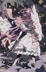 Rule 34 | 1girl, angel wings, blood, blood on clothes, blue archive, capelet, dress, feathered wings, flower, frilled dress, frills, gun, hair bun, hair flower, hair ornament, halo, highres, holding, holding gun, holding weapon, inaeda kei, injury, long hair, looking at viewer, mika (blue archive), pantyhose, pink hair, pink halo, purple flower, single side bun, solo, torn clothes, torn pantyhose, weapon, white capelet, white dress, white pantyhose, white wings, wings, yellow eyes