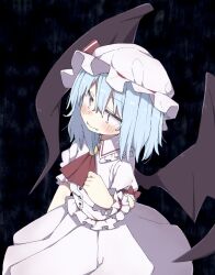 Rule 34 | 1girl, ascot, bat wings, black background, black wings, blue hair, blush, brooch, collar, commentary request, dot nose, dress, fangs, frilled collar, frilled shirt, frilled sleeves, frills, from above, hair between eyes, hat, hat ribbon, highres, jewelry, kae karee, looking to the side, medium hair, mob cap, red ascot, red eyes, red ribbon, remilia scarlet, ribbon, shirt, short sleeves, skirt, sleeve ribbon, solo, touhou, white dress, white hat, white skirt, wings