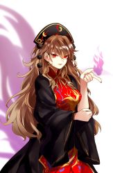 Rule 34 | 1girl, bad id, bad twitter id, black dress, brown hair, chinese clothes, dress, eredhen, fox tail, hat, jpeg artifacts, junko (touhou), long hair, long sleeves, multiple tails, nail polish, open mouth, red eyes, simple background, smile, solo, tabard, tail, touhou, white background, wide sleeves