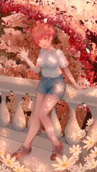 Rule 34 | 1girl, absurdres, against fence, arm support, autumn, autumn leaves, blue eyes, breasts, chamomile, denim, denim shorts, fence, flower, full body, go-toubun no hanayome, highres, lane jiajun, large breasts, looking at viewer, nakano ichika, open mouth, outdoors, pink hair, red footwear, shirt, shoes, short hair, shorts, sneakers, solo, standing, thighs, waving, white shirt