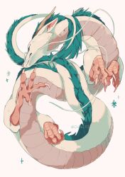 Rule 34 | chilfa 112, closed eyes, closed mouth, commentary, dragon, eastern dragon, from above, full body, haku (sen to chihiro no kamikakushi), highres, leg up, lying, no humans, on back, sen to chihiro no kamikakushi, simple background, sparkle, tail, tail wrap, twitter username, watermark, white background