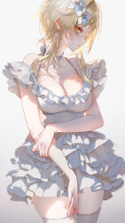 Rule 34 | 1girl, absurdres, alternate costume, bare shoulders, blonde hair, breasts, choker, cleavage, closed mouth, commentary request, cowboy shot, dress, expressionless, flower, frilled dress, frills, genshin impact, grey background, hair flower, hair ornament, halter dress, halterneck, highres, holding own arm, large breasts, looking at viewer, lumine (genshin impact), off-shoulder dress, off shoulder, paid reward available, pottsness, profile, short hair with long locks, sidelocks, simple background, solo, thighhighs, thighs, twitter username, white choker, white dress, white flower, white thighhighs, yellow eyes, zettai ryouiki