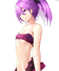 Rule 34 | 1girl, absurdres, aisha landar, arm at side, bare shoulders, breasts, dobunezumi, elsword, from side, hair between eyes, highres, medium hair, navel, profile, purple eyes, purple hair, simple background, small breasts, solo, strapless, tube top, twintails, white background
