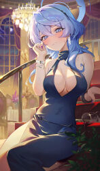 Rule 34 | 1girl, absurdres, ako (blue archive), ako (dress) (blue archive), alcohol, black hairband, blue archive, blue dress, blue eyes, blue hair, blue halo, blush, breasts, closed mouth, cuffs, cup, dress, drinking glass, feet out of frame, hair between eyes, hairband, halo, handcuffs, highres, indoors, large breasts, long hair, looking at viewer, ninebell, official alternate costume, sideboob, sitting, sleeveless, sleeveless dress, solo, wine, wine glass