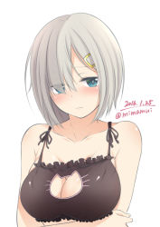 Rule 34 | 10s, 1girl, 2016, bare shoulders, black bra, blue eyes, bra, breast hold, breasts, cat cutout, cat lingerie, cleavage, cleavage cutout, clothing cutout, dated, embarrassed, eyes visible through hair, hair ornament, hair over one eye, hairclip, hamakaze (kancolle), kantai collection, large breasts, lingerie, looking at viewer, meme attire, mimamui, short hair, silver hair, simple background, solo, underwear, upper body, wavy mouth, white background