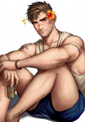 Rule 34 | 1boy, arm tattoo, bara, blue eyes, blue shorts, bracelet, brown hair, can, closed mouth, drink can, earrings, flower, greenteaa, hair flower, hair ornament, highres, holding, holding can, jewelry, looking at viewer, male focus, muscular, muscular male, original, scar, scar on arm, scar on face, short hair, shorts, shoulder tattoo, sitting, smile, soda, soda can, solo, tank top, tattoo, thick eyebrows, thick thighs, thighs, white tank top