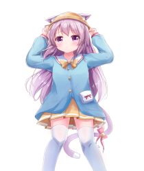 Rule 34 | 1girl, animal ears, arms up, azur lane, bad id, bad pixiv id, bell, blue shirt, blush, bow, bowtie, cat ears, cat girl, cat tail, closed mouth, commentary, ears through headwear, hair between eyes, hair ribbon, hat, jingle bell, kindergarten uniform, kisaragi (azur lane), long hair, long sleeves, looking at viewer, pink bow, pink hair, pleated skirt, puffy long sleeves, puffy sleeves, purple eyes, red ribbon, ribbon, school hat, set (vrkdgus1), shirt, simple background, skirt, solo, tail, tail bell, tail bow, tail ornament, thighhighs, very long hair, white background, white thighhighs, yellow bow, yellow bowtie, yellow hat, yellow skirt