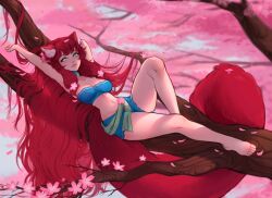 Rule 34 | 1girl, animal ear fluff, animal ears, barefoot, blue choker, blue eyes, blue shorts, breasts, cherry blossoms, cherry tree, choker, commentary, english commentary, flower, gift art, green eyes, green sash, hair flower, hair ornament, heterochromia, highres, in tree, indie virtual youtuber, long hair, lying, madyaxx, medium breasts, midriff, narrow waist, petals, reclining, red hair, red panda ears, red panda girl, red panda tail, sash, second-party source, shorts, solo, stretching, tail, toes, tree, very long hair, very long tail, yukumabear