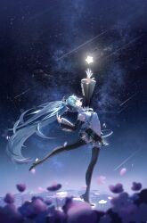 Rule 34 | 1girl, absurdres, arm up, black skirt, black sleeves, black thighhighs, blue eyes, blue hair, blue necktie, blurry, blurry foreground, detached sleeves, floating hair, from side, full body, hatsune miku, highres, long hair, long sleeves, looking up, miniskirt, necktie, night, outdoors, pleated skirt, profile, shirt, shoene, skirt, sky, sleeveless, sleeveless shirt, solo, standing, standing on one leg, star (sky), starry sky, thighhighs, twintails, very long hair, vocaloid, white shirt, zettai ryouiki