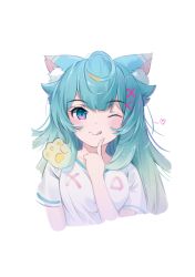 Rule 34 | 1girl, ;q, andychen, animal ear fluff, animal ears, blonde hair, blue eyes, blue hair, cat ears, cropped torso, hair ornament, hand up, heart, highres, index finger raised, indie virtual youtuber, lanmewko, long hair, looking at viewer, multicolored hair, one eye closed, revision, shirt, short sleeves, simple background, solo, streaked hair, tongue, tongue out, upper body, virtual youtuber, white background, white shirt, x hair ornament