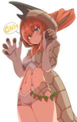 Rule 34 | 1girl, aguila, animal hands, blush, breasts, claw pose, claws, clothing cutout, covered navel, cowboy shot, gao, green eyes, hair tie, hands up, highres, hood, hood up, horns, impossible clothes, looking at viewer, low ponytail, medium breasts, medium hair, navel cutout, no nose, parted lips, short shorts, shorts, side cutout, simple background, single horn, solo, speech bubble, star (symbol), sumiyao (amam), tail, ultra kaijuu gijinka keikaku, ultra series, white background