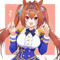Rule 34 | 1girl, :d, animal ears, ark rex, black bow, blue corset, blue jacket, border, bow, breasts, brown hair, claw pose, commentary request, corset, daiwa scarlet (umamusume), epaulettes, fang, hair bow, highres, horse ears, horse girl, jacket, large breasts, long hair, looking at viewer, open mouth, pink background, red bow, red eyes, shirt, smile, solo, tiara, umamusume, upper body, very long hair, white border, white shirt
