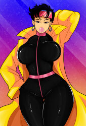 1girl absurdres black_bodysuit black_hair blowing_bubbles bodysuit breasts coat earrings eyewear_on_head gradient_background highres hoop_earrings jewelry jubilee large_breasts latex latex_bodysuit long_coat looking_at_viewer marvel open_clothes open_coat pink-tinted_eyewear short_hair solo sonson-sensei tinted_eyewear x-men yellow_coat