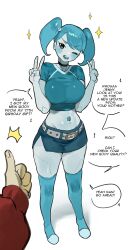 Rule 34 | 1girl, ;d, absurdres, belt, belt buckle, black eyes, blue hair, blue shirt, blue skirt, blue thighhighs, blush, breasts, buckle, cropped shirt, double v, english text, full body, highres, jenny wakeman, large breasts, looking at viewer, miniskirt, my life as a teenage robot, nia (nia4294), one eye closed, open mouth, pov, pov hands, robot, shirt, simple background, skirt, smile, solo focus, speech bubble, standing, thighhighs, thumbs up, twintails, v, white background